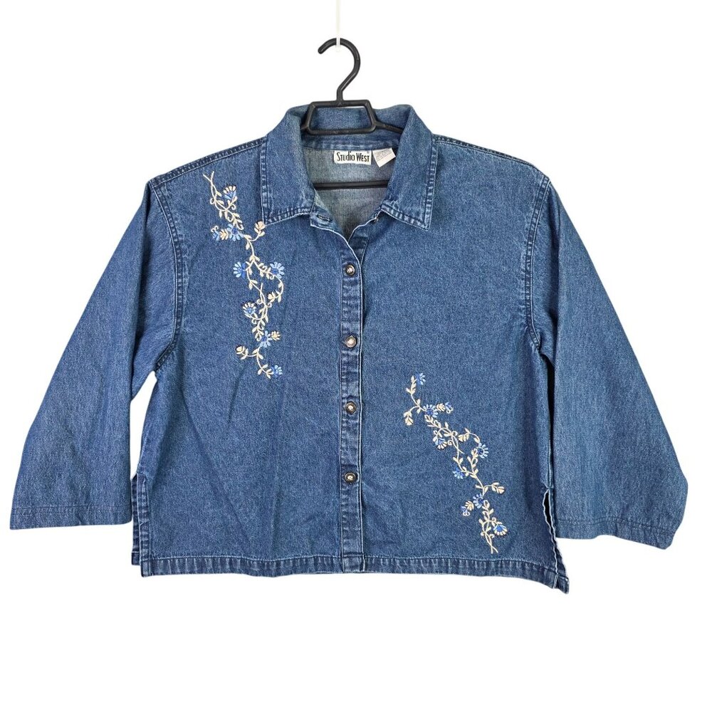 Womens Studio West Flora Embroidered Blue Denim Shirt Jacket Button Down Size XL